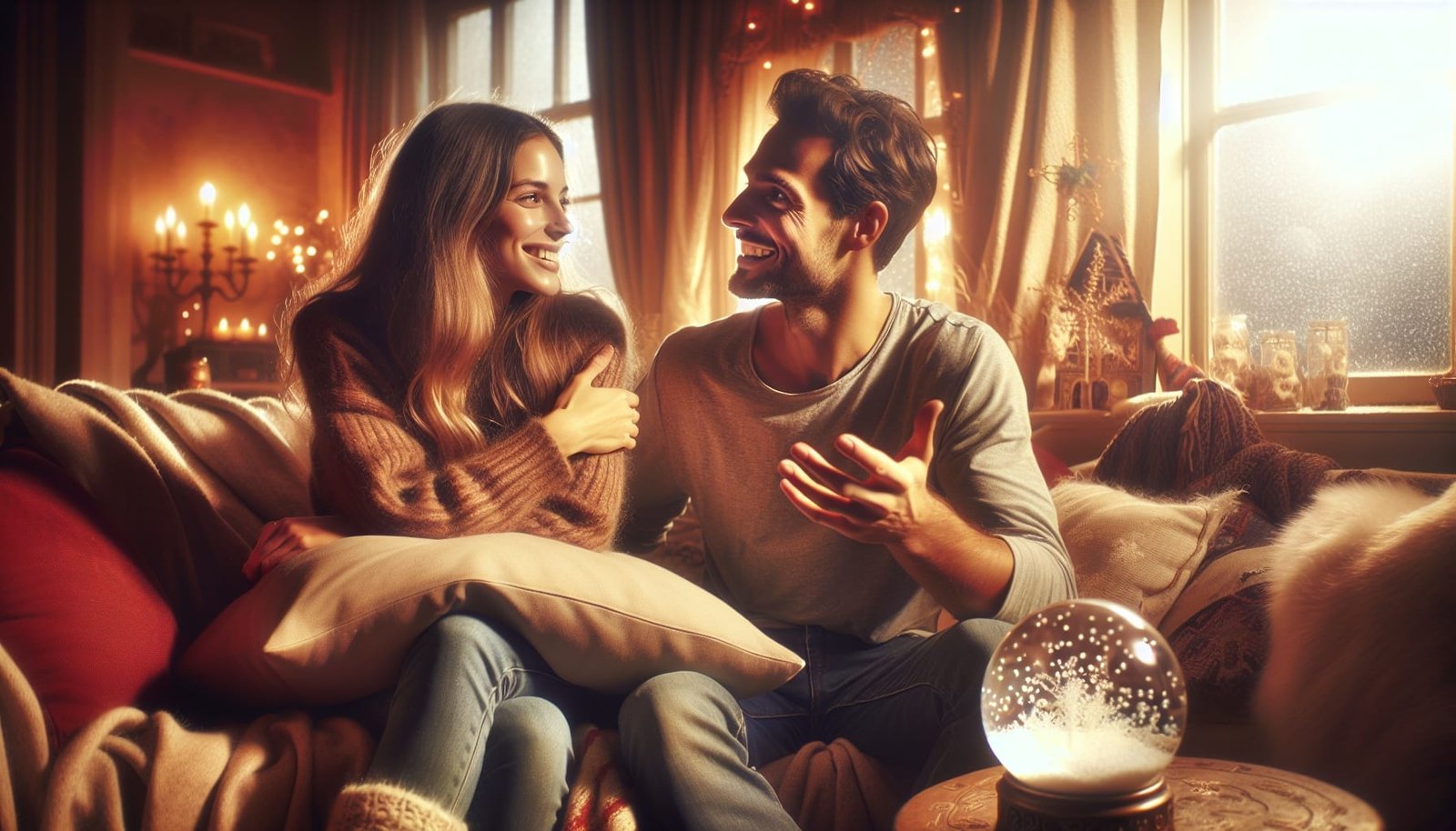A couple sitting on a couch discussing with soft lighting in the background.