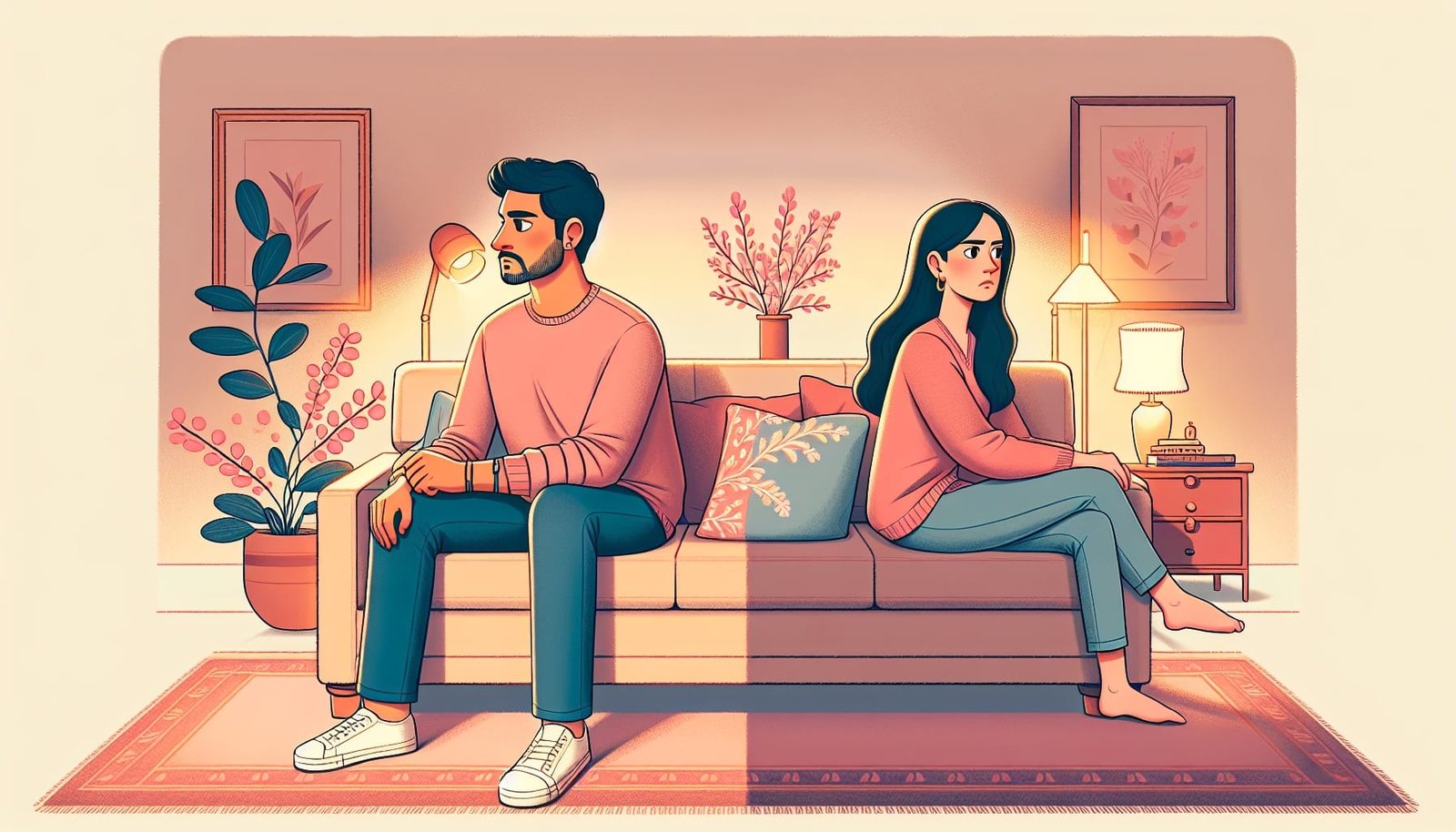 A couple facing away from each other, reflecting emotional distance.