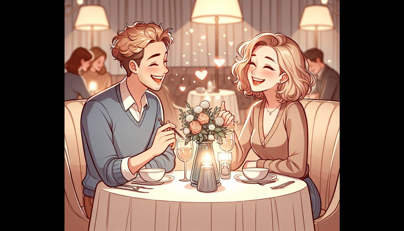 A happy couple laughing together at a dinner table.