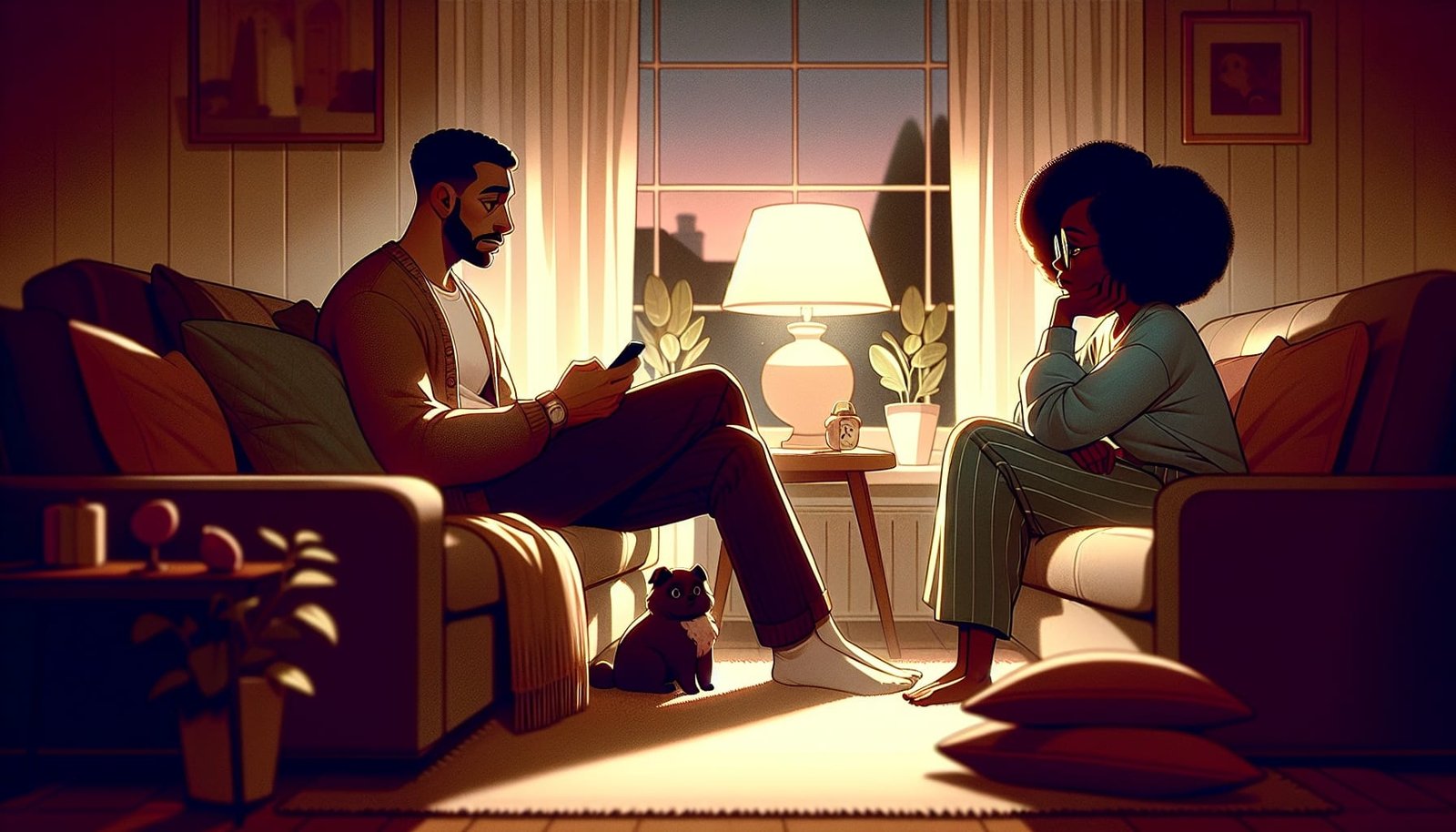 A couple sitting apart, looking concerned and contemplative.